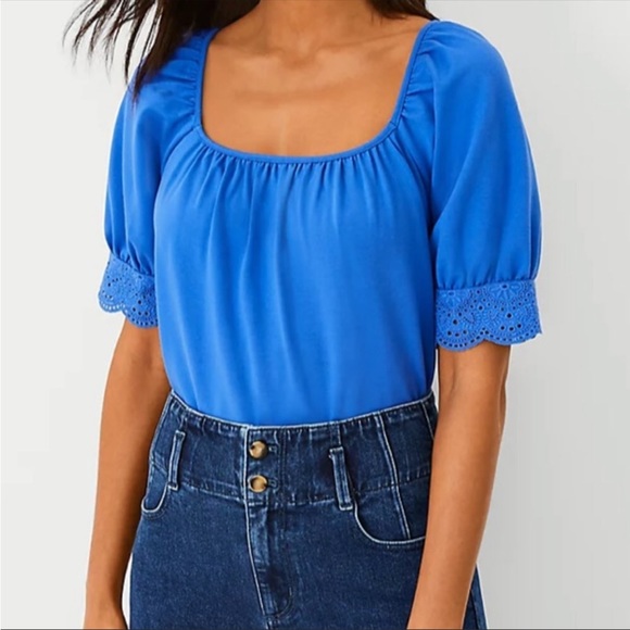 💙 NWT!! Ann Taylor Embroidered Trum Balloon Sleeve Square Neck Blouse! Size M - Picture 3 of 16